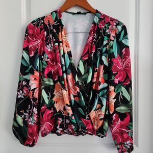Womens Boston Proper Faux Wrap Top Size XS Colorful Floral Long Sleeve Career